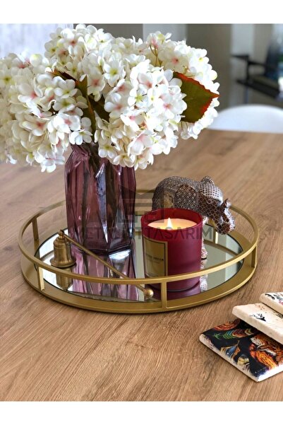 Metalist Tasarım Sefa Dekoratif Aynalı Tepsi Yuvarlak Mat Gold Renk 36cm