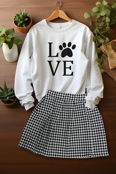 ADA BEBEK ÇOCUK Stylish Plaid Skirt Love Paw Sweat Skirt Bottom Top Set
