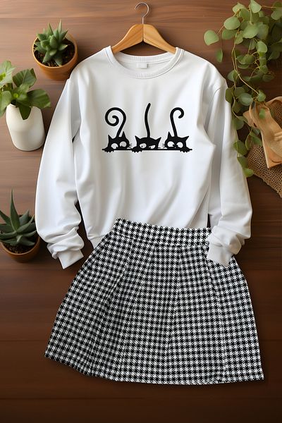 ADA BEBEK ÇOCUK Stylish Plaid Skirt Cute Friends Sweat Skirt Bottom Top Set