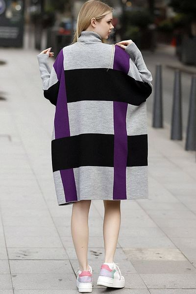 ALCHON Turtleneck Long Ribbed Sleeve Color Block Plaid Midi Length Loose Cut Winter Knitwear Poncho Sweater