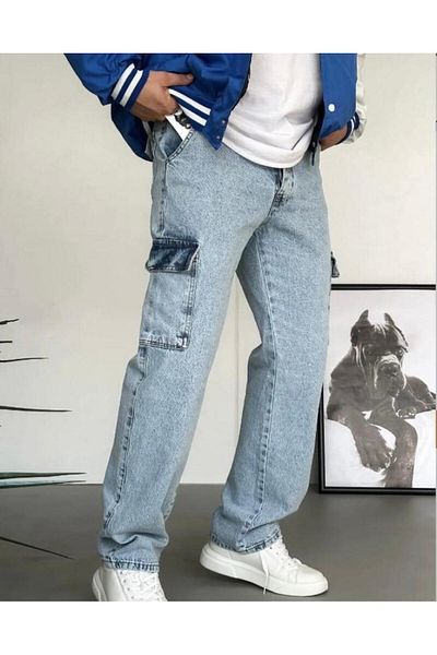 Z1MAN Baggy Acid Washed Blue Grinding Cargo Pocket Trousers