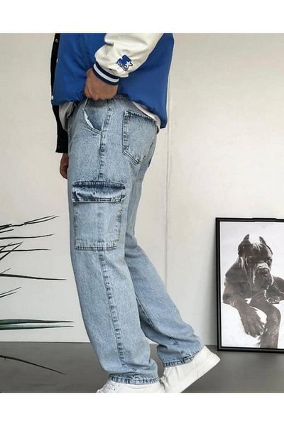 Z1MAN Baggy Acid Washed Blue Grinding Cargo Pocket Trousers
