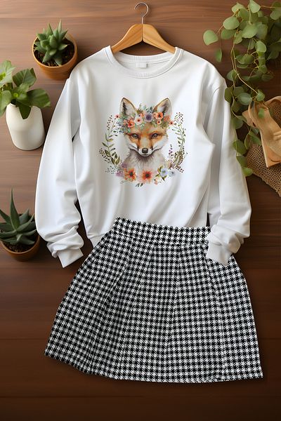 ADA BEBEK ÇOCUK Cute Patterned Sweat Skirt Set with Stylish Plaid Skirt