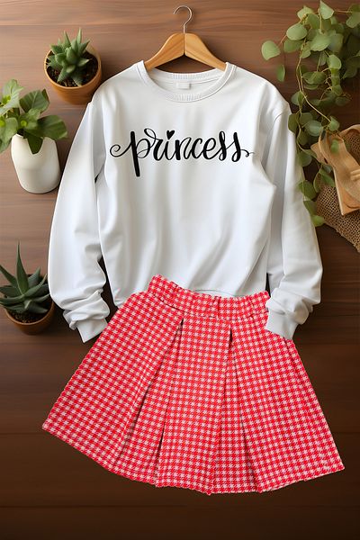 ADA BEBEK ÇOCUK Princes Patterned Style Plaid Sweat Skirt and Bottom Set