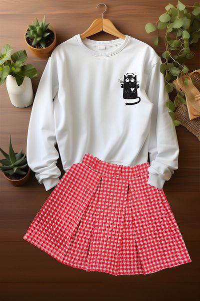ADA BEBEK ÇOCUK Stylish Plaid Skirt Patterned Sweat Skirt Bottom and Top Set
