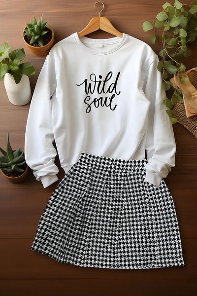 ADA BEBEK ÇOCUK Stylish Plaid Skirt Wild Soul Sweat Skirt Bottom Top Set