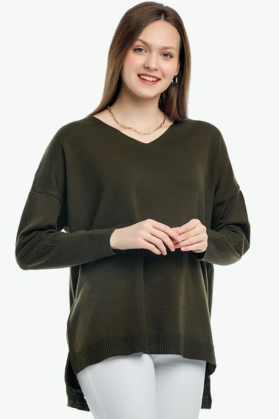 ALCHON V-neck Long T Sleeve Back Long Front Short Slit Loose Cut Seasonal Basic Loose Knitwear Sweater