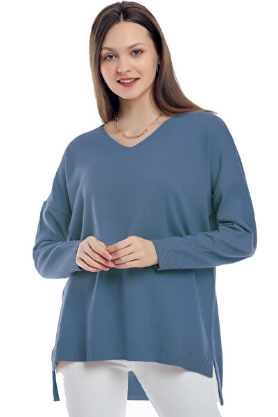 ALCHON سترة تريكو أساسية فضفاضة ذات رقبة على شكل حرف V وأكمام طويلة وظهر طويل وفتحة أمامية قصيرة