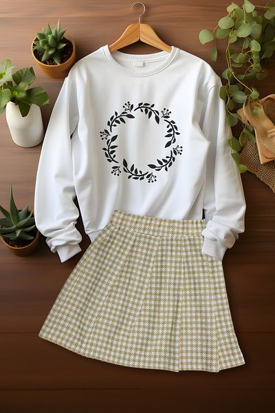 ADA BEBEK ÇOCUK Stylish Plaid Skirt Crown Floral Patterned Sweat Skirt Set