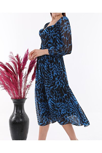 Miss Allos Γυναικείο Μακρύ Φόρεμα Σιφόν Μπλε Μαύρο Μοτίβο 713