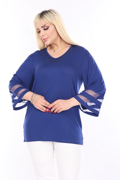 garajmood Saks Blue Women's Plus Size Collar Stone Detailed Three-Quarter Sleeve Blouse