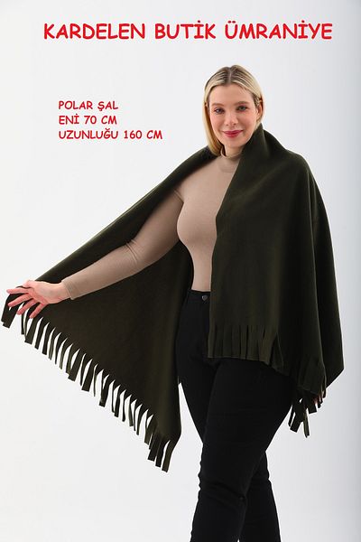 Kardelen Butik Ümraniye Fleece Shawl Khaki Green with Tassels