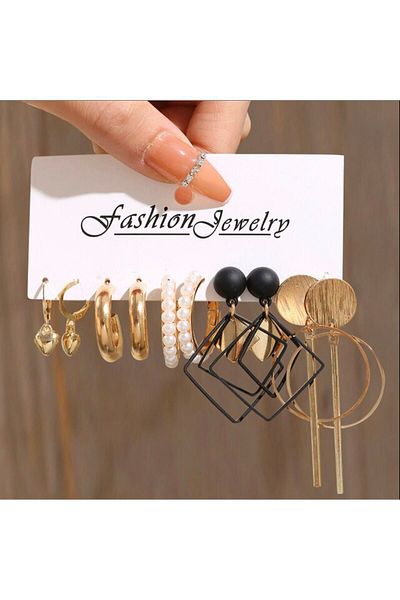 Takıtolia Night Pearl Gold Gold Hoop Multiple Earrings Set