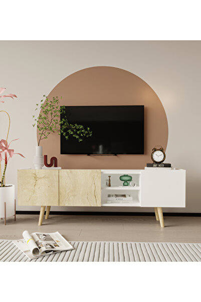 VM VERTEX MOBİLYA Milano Ahşap Ayaklı Modern Tv Ünitesi 160 Cm Safir Meşe - B...