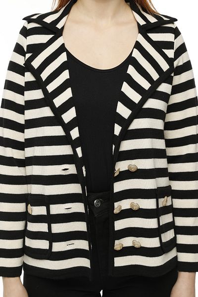 trikobis CROWACE CUTTED BLACK ECRU STRIPED STEEL KNITTING CUSTOM DESIGN STRICK CARDIGAN