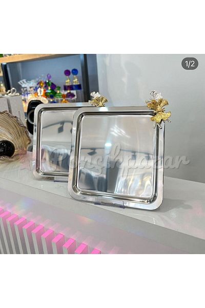 PONCİKPAZAR 1 Piece Square Silver Color Butterfly Presentation Tray