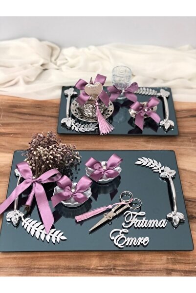 Denseden SET DE 2 TAVĂȚE Tavă de logodnă de promisiune Inele de ridicare Foarfece Mire ceașcă de cafea Suport pentru delicii turcești