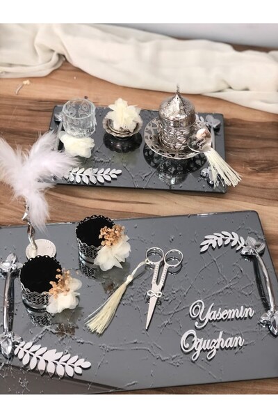 Denseden SET DE 2 TAVĂȚE Tavă de logodnă de promisiune Inele de ridicare Foarfece Mire ceașcă de cafea Suport pentru delicii turcești