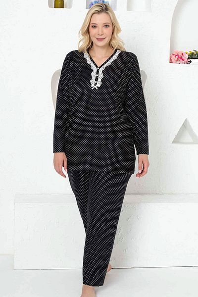 ALİMER Women's Black V-Neck Placket Super Soft Polka Dot Suede Plus Size Pajamas Set EDY2750UKB-S