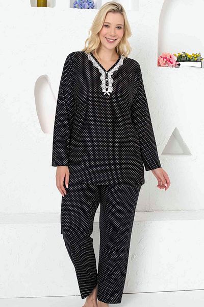 ALİMER Women's Black V-Neck Placket Super Soft Polka Dot Suede Plus Size Pajamas Set EDY2750UKB-S