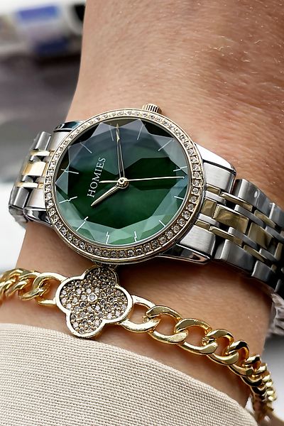 Homies Women's Wristwatch Cut Glass Waterproof with Two Colors Steel Cord Bracelet Gift Hmby2027c3
