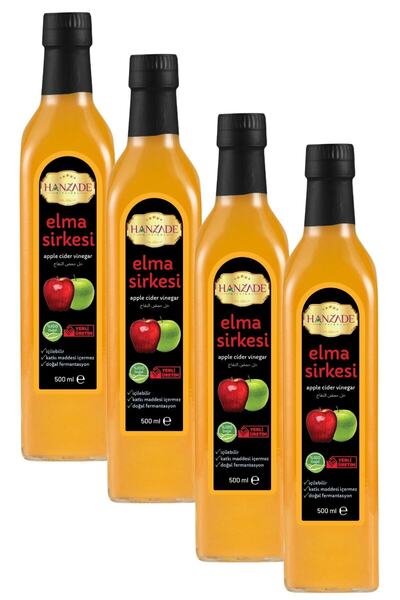 Hanzade Bitkisel Elma Sirkesi 500 ml X 4 Adet Doğal Fermante Içilebilir Saf C...