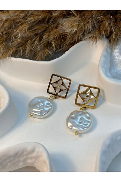 Yıldız Accessory Square Shape Steel Earrings with Crush Pearl Detail