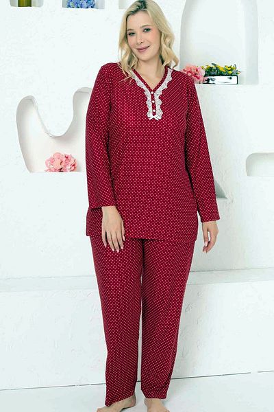 ALİMER Women's Burgundy V-Neck Placket Super Soft Polka Dot Suede Plus Size Pajamas Set EDY2750UKB-B