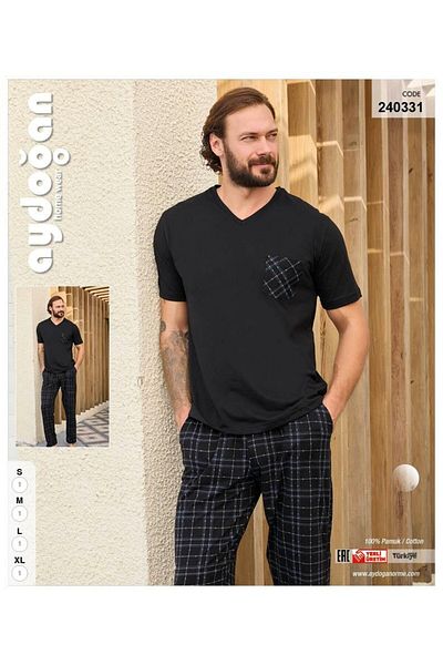 Aydoğan Men's V-Neck Black Short Sleeve 100% Cotton Pajama Set-240331