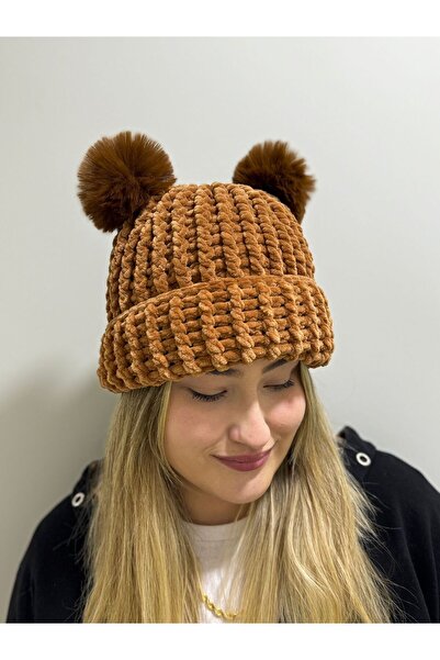 Passionis Jewelry Açık Kahverengi Kadife Peluş Ponponlu Bere Şapka