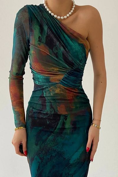 WOMAN VISION Rochie midi din țesătură din tul pentru femei, cu o singură mânecă și cu design adunat, cu imprimeu digital, fără bretele 213