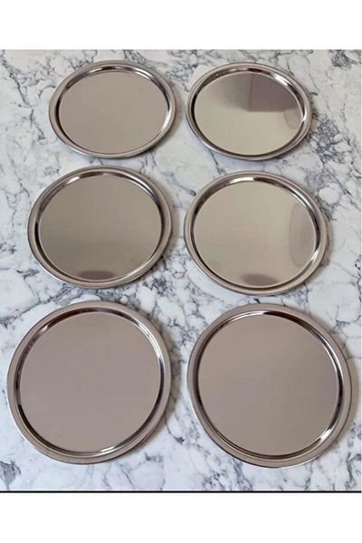 Aslı Hediyelik 6-Piece 22 Cm Round Silver Presentation Tray Decorative Serving Tray Tea, Coffee, Cake