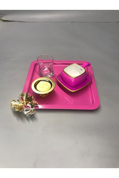 Aslı Hediyelik Stainless Steel Square Pink Coffee, Tea, Decorative Presentation Serving Tray with Luxury Butterfly Accessories