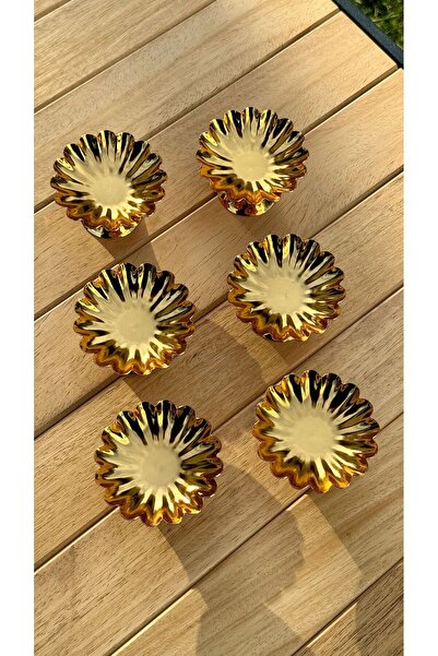 Aslı Hediyelik 6-Piece Oyster Funnel Footed Gold Coffee Side Turkish Delight, macaron, sugar bowl, presentation, coffee, treat bowl,