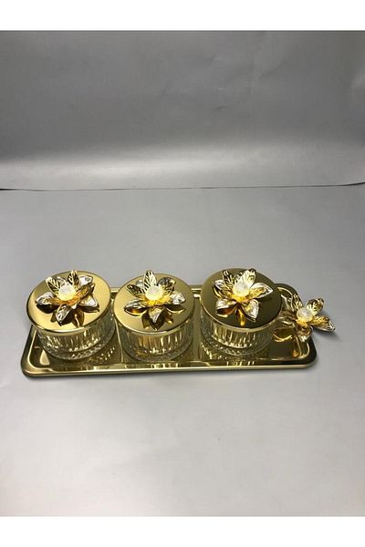 Aslı Hediyelik Lily Flower Elysia Gold 3-Piece Snack Bowl, presentation bowl, spice bowl, ice cream bowl, treat bowl, Glass Bowl