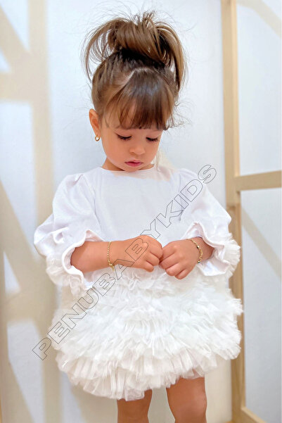 penu baby kids Beyaz Tütülü Uzun Kol Kız Bebek Elbise - Princess