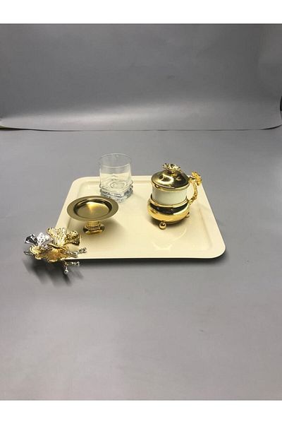 Aslı Hediyelik Stainless Steel Square 6-Piece Cream Coffee, Tea, Decorative Presentation Serving Tray with Luxury Butterfly Accessories