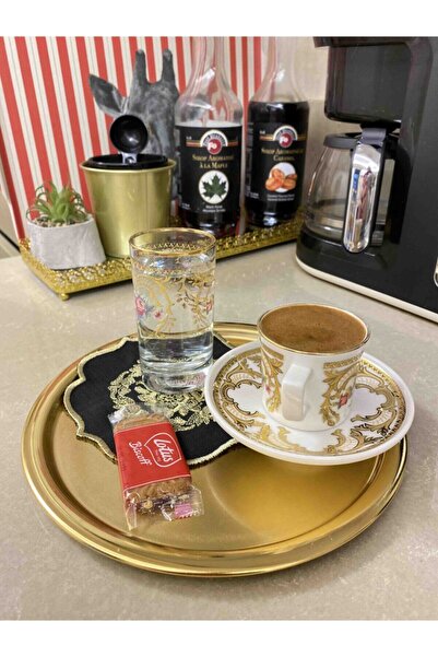 Aslı Hediyelik Yuvarlak Gold Sunum Tepsisi Dekoratif Servis Tepsisi Çay, Kahve 22 Cm