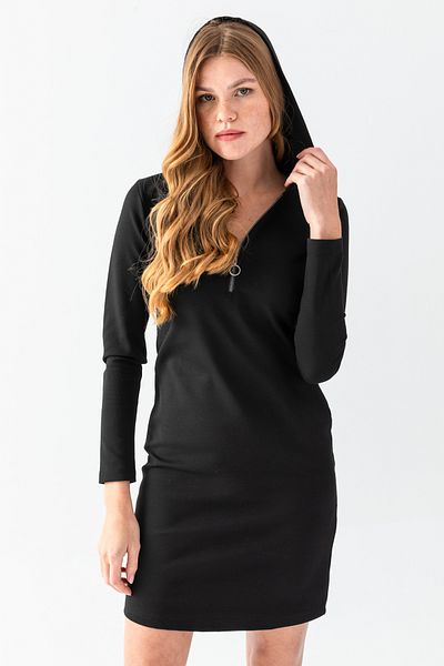 EtkiModa Rochie tricotată din oțel cu glugă, cu guler negru, cu fermoar