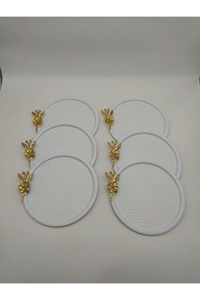 Aslı Hediyelik Set of 6 White Round Patterned Gold Floral Presentation Tray, Decorative Serving Tray Tea Coffee 23 Cm
