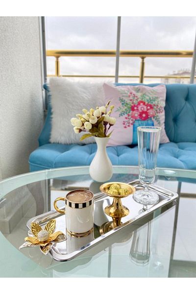 Aslı Hediyelik Luxury Lily Flower Stainless Steel Silver Baton Service, Tea, Coffee, Treats and Presentation Tray