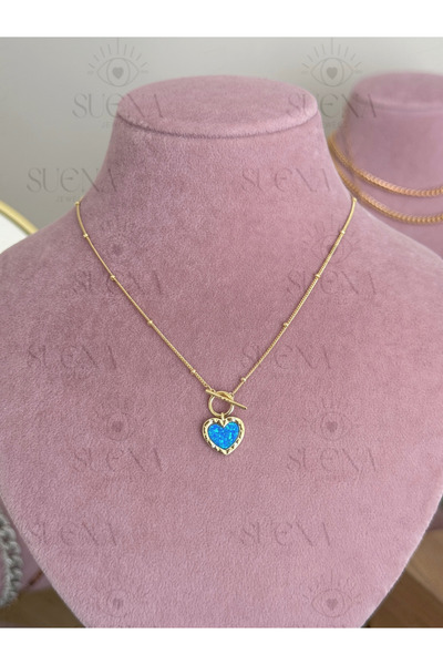 suena 925 Ayar Gümüş Özel Seri Mavi Opal Taşlı Gold Renkli Kalp Top Zincirli ...