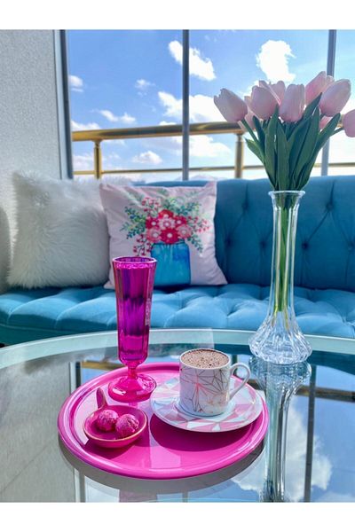 Aslı Hediyelik Set of 2 Metal Pink Single Decorative Tea, Coffee and Cake Service Presentation Tray 23 Cm