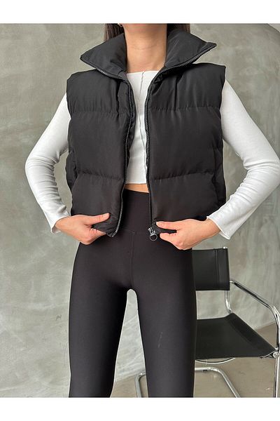 MEECY Schwarze Pufferweste für Damen mit Stehkragen