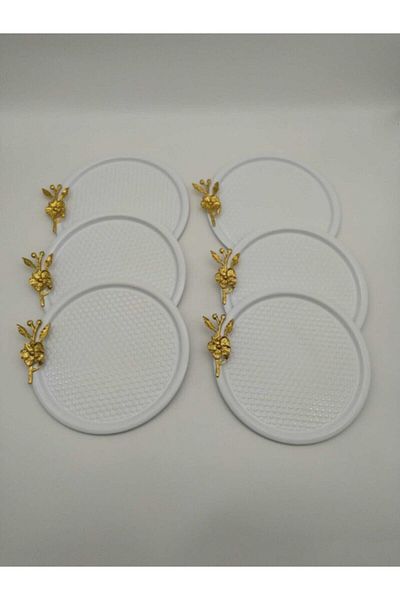 Aslı Hediyelik Set of 6 White Round Patterned Gold Floral Presentation Tray, Decorative Serving Tray Tea Coffee 23 Cm