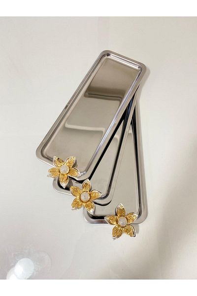 Aslı Hediyelik 3-Piece Lily Flower Luxury Stainless Steel Silver Baton Service, Tea, Coffee, Treats and Presentation Tray
