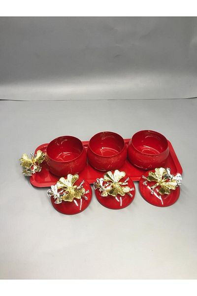 Aslı Hediyelik Luxury Red 3-Piece Snack Bowl, Presentation Bowl, Spice Bowl, Ice Cream Bowl, Treat, Rectangular Metal Bowl with Tray