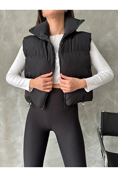 MEECY Women's Black Stand-up Collar Puffer Vest