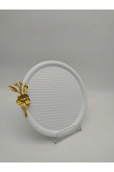 Aslı Hediyelik White Round Patterned Gold Floral Presentation Tray, Decorative Serving Tray Tea Coffee 23 Cm