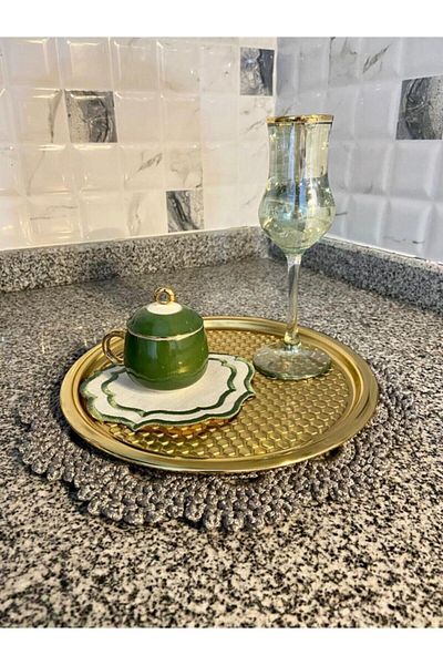 Aslı Hediyelik 6-Piece Round Patterned Gold Presentation Tray Decorative Serving Tray Tea, Coffee Treat Holder 23 Cm